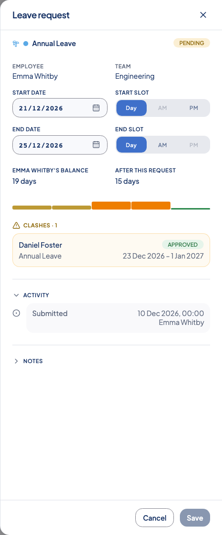 Leave request drawer with its date-edit form open