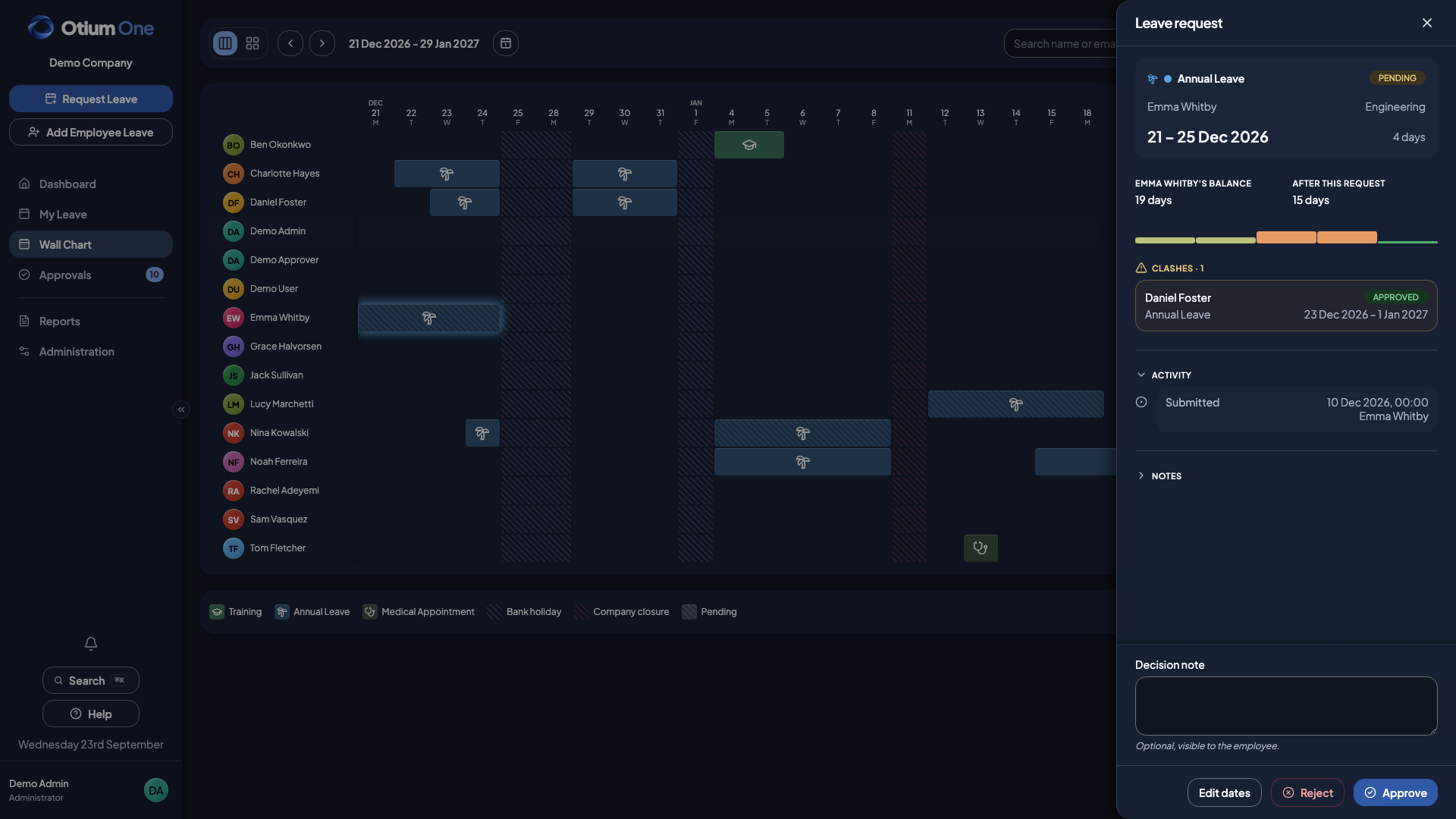 Team wall chart in dark mode with a leave request open, showing its balance and clashes